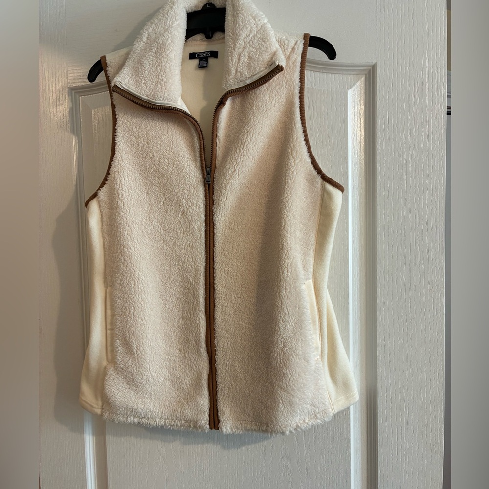 Chaps Off-White Sherpa Vest with Brown Trim